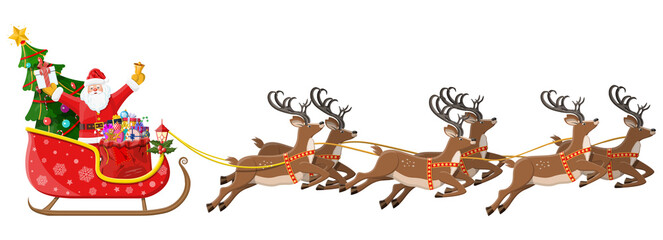 Santa claus on sleigh full of gifts and reindeers