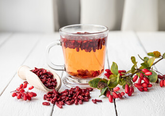 Berberis vulgaris also known as common barberry, European barberry or barberry tea drink in class...