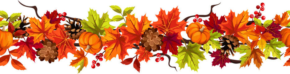 Seamless border with red, orange, brown, and green autumn leaves, pumpkins, and cones. Vector illustration