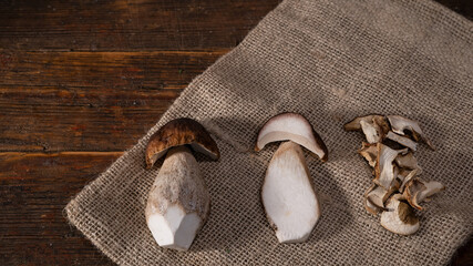Food photography background - Fresh, sliced ​​and dried.forest mushrooms / Boletus edulis (king...