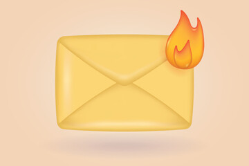 3d vector icon closed envelope letter, mail letter with fire. Realistic Elements for deadline design. Isolated symbol. Burning mail or direct