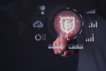 Concept of cyber security, information security and encryption, Cloud technology. Data storage. show graph and chart business