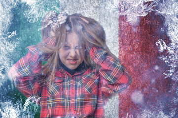 Teenage girl on frozen background with flag of Italy. Concept of crisis in Europe in winter. Energy...