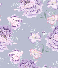 Fototapeta na wymiar Watercolor seamless pattern with peony flowers. Perfect for wallpaper, fabric design, wrapping paper, surface textures, digital paper.