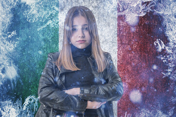 Teenage girl on frozen background with flag of Italy. Concept of crisis in Europe in winter. Energy...