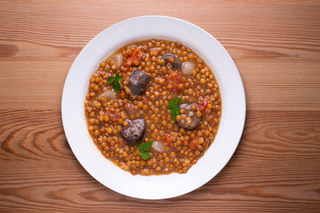 Lentils with chorizo ​​and black blood sausage. Typical Spanish recipe north of Spain.