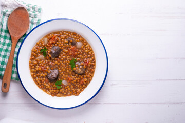 Lentils with chorizo ​​and black blood sausage. Typical Spanish recipe north of Spain.
