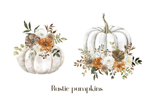 Watercolor floral pumpkin illustration. Pastel pumpkins and flower arrangements in rustic style. Fall bouquets set.