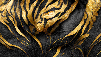 Fototapeta Spectacular design for an abstract idea, with black and gold liquid ink churning together to create what look like fur, pelts, and feathers. Excellent quality. Digital art 3D illustration. obraz