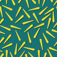 Seamless pattern with whole, half, wedges, and slices of Banana Pepper. Yellow wax pepper. Banana chili pepper. Vegetables. Flat style. Vector illustration isolated on blue background.