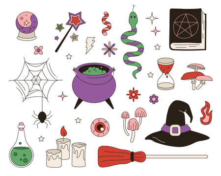 Set of groovy magic objects. A collection of witch elements in retro groovy style. Objects for Halloween