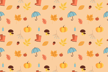 Seamless background with autumn leaves, pumpkin, umbrella pattern