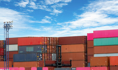 Stack of logistics container. Cargo and shipping business. Container ship for export logistics. Logistic industry. Container for truck, ship, and air logistics. Container depot service and transport.