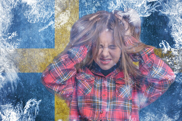Teenage girl on frozen background with flag of Sweden. Concept of crisis in Scandinavia in winter....