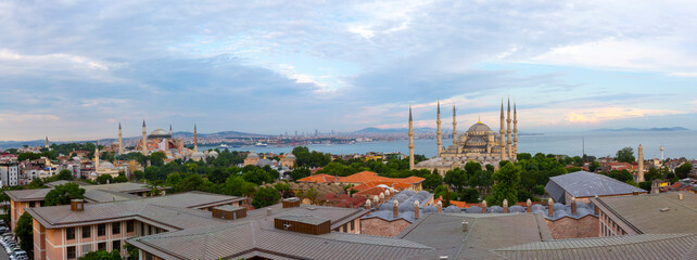 Blue mosque and Hagia Sophia photographed as aerial view panorama