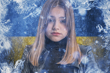 Teenage girl on frozen background with flag of Ukraine. Concept of crisis in Europe in winter. Energy crisis.