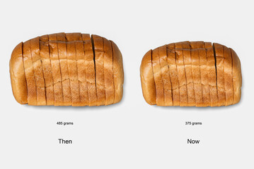Downsized loaf of brade sales comparison. Food Inflation, skimpflation or shrinkflation concept of...