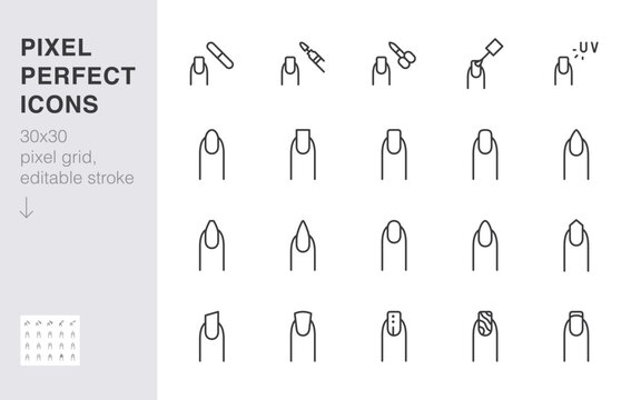 Manicure line icon set. Nail shape types - round, french, ballerina, stiletto, gel polish minimal vector illustration. Simple outline sign for beauty salon app ui 30x30 Pixel Perfect Editable Stroke