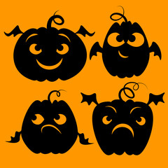 Set of black silhouettes of smiling pumpkins with bat wings on an orange background