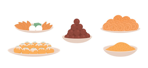 Traditional Diwali snacks semi flat color vector objects set. Editable elements. Full sized items on white. Simple cartoon style illustrations collection for web graphic design and animation
