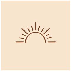 sun logo, sunset sunrise with beach ocean sea water logo icon vector in trendy line linear boho style, abstract outline logo vector for wal art