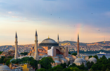 Fototapeta na wymiar Blue mosque and Hagia Sophia photographed as aerial view panorama