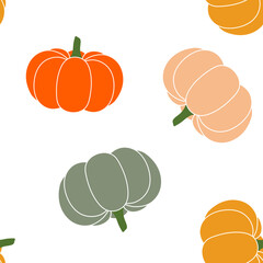 Thanksgiving day background. Vector cartoon illustration, hello autumn. Seamless pattern with cozy orange and green pumpkins, Hygge time. Halloween party kitchen linen decor with squash. - 531698338