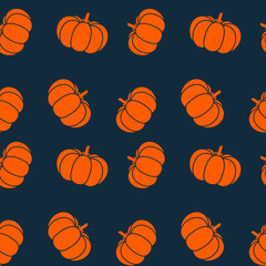 Seamless pattern with cozy orange pumpkins on the dark background. Vector cartoon illustration, hello autumn. Thanksgiving day background. Hygge time. Halloween party decor for holiday mood.