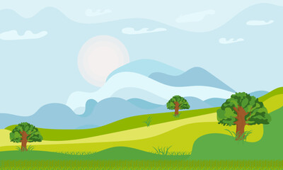 Blank meadow landscape green scene at sunset time, wild nature background, landscape wallpaper illustration