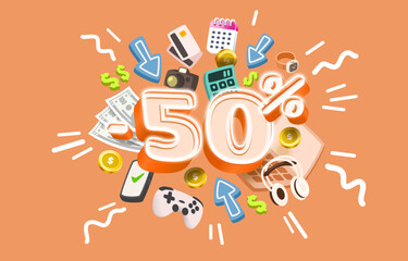 Sale off 50 percent, promotion banner market, big sale media event. Vector