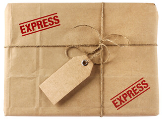 Brown mail delivery package with tag isolated