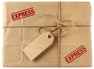 Brown mail delivery package with tag isolated