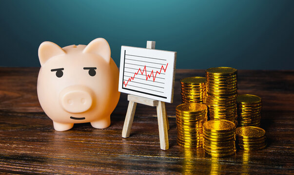 Pig piggy bank is satisfied with profit growth indicators. Growth in profits, value of stocks shares and commodities. Deposit revenue. Make a good deal. Successful business, dynamic development.