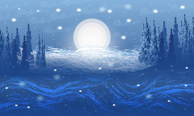 Obraz na płótnie Canvas Snowy landscape background with trees, Winter season landscape background illustration