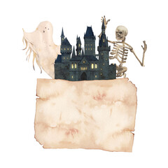 Happy Halloween template. Holiday banner ilustration with manor, ghost and skeleton. Scary characters artwork