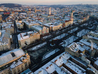 overhead view of city center at christmas holidays