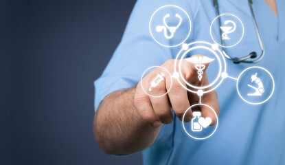 Doctor hand on medical interface icons,