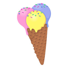 Ice cream waffle cone with 3 scoops with sprinkles and drips.