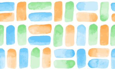 Colorful watercolor vector brush strokes, smears geometrical seamless pattern. Watercolour uneven spots, stains, smudges background, regular texture. Painted hand drawn artistic border template.