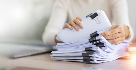 Business Documents, Auditor businesswoman checking searching document legal prepare paperwork or...