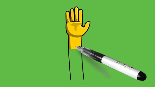 Draw body part of human open hand with long arm in yellow and brown color combination with black pen and outline on abstract green screen background
