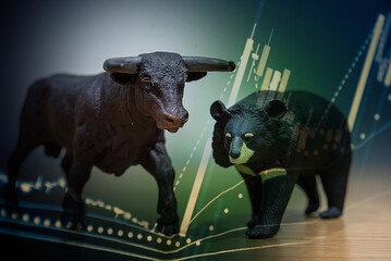 Double exposure of young business man and digital number of stock market background to represent successful in investment marketing. Find out the best solution in business and financial as concept.