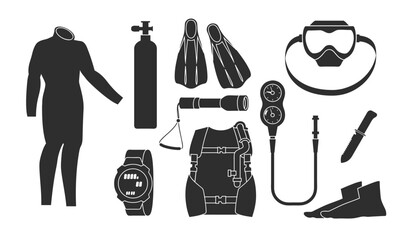 Scuba diving equipment set of black silhouettes vector illustration isolated. © sabelskaya
