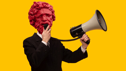 Abstract modern collage. The man with the plaster head of David with a megaphone on yellow background