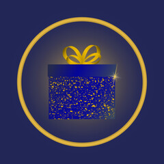 Blue gift box with glitter and ribbon Glowing golden ring Gift icon Design element Vector illustration. Isolated on blue background