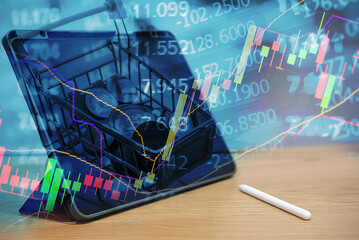 Financial data of stock market in term of a digital prices on LED display. A number of daily market price and quotation of prices chart to represent candle stick tracking in Forex trading.
