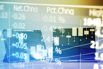 Financial data of stock market in term of a digital prices on LED display. A number of daily market price and quotation of prices chart to represent candle stick tracking in Forex trading.