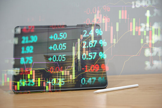 Financial data of stock market in term of a digital prices on LED display. A number of daily market price and quotation of prices chart to represent candle stick tracking in Forex trading.