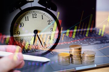 Financial data of stock market in term of a digital prices on LED display. A number of daily market price and quotation of prices chart to represent candle stick tracking in Forex trading.