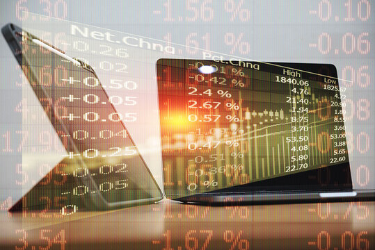 Financial data of stock market in term of a digital prices on LED display. A number of daily market price and quotation of prices chart to represent candle stick tracking in Forex trading.
